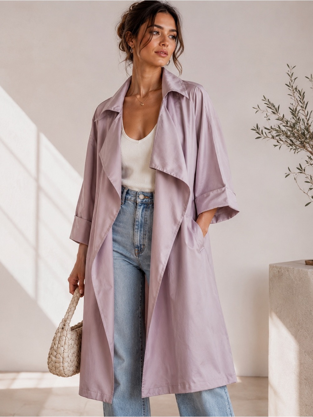 Sutton Studio Mauve Lilac Draped Trench Coat Oversized Minimalist Open Front